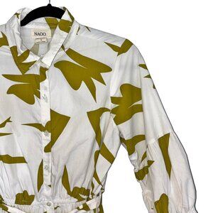 Naoo 100% Cotton Ivory & Olive Green Tiered Midi Shirt Dress - Size L